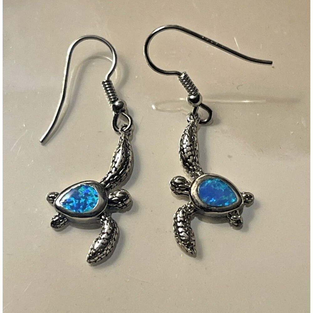 Brilliant 925 STG Silver Hawaiian Sea Turtle Wire Earrings w/ Blue Opal Inlays